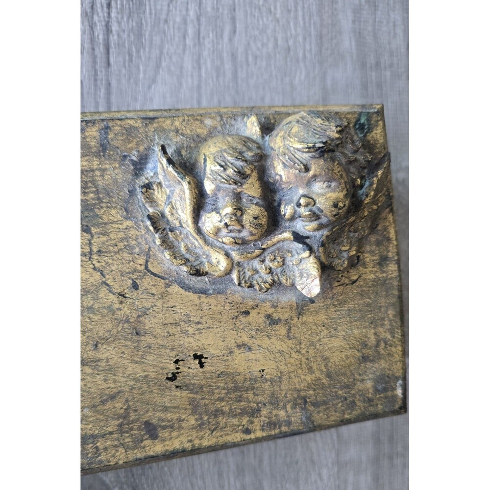 Vintage Wood Trinket Box Angels Cherubs Antique Gold Color Wooden - Picture 8 of 12